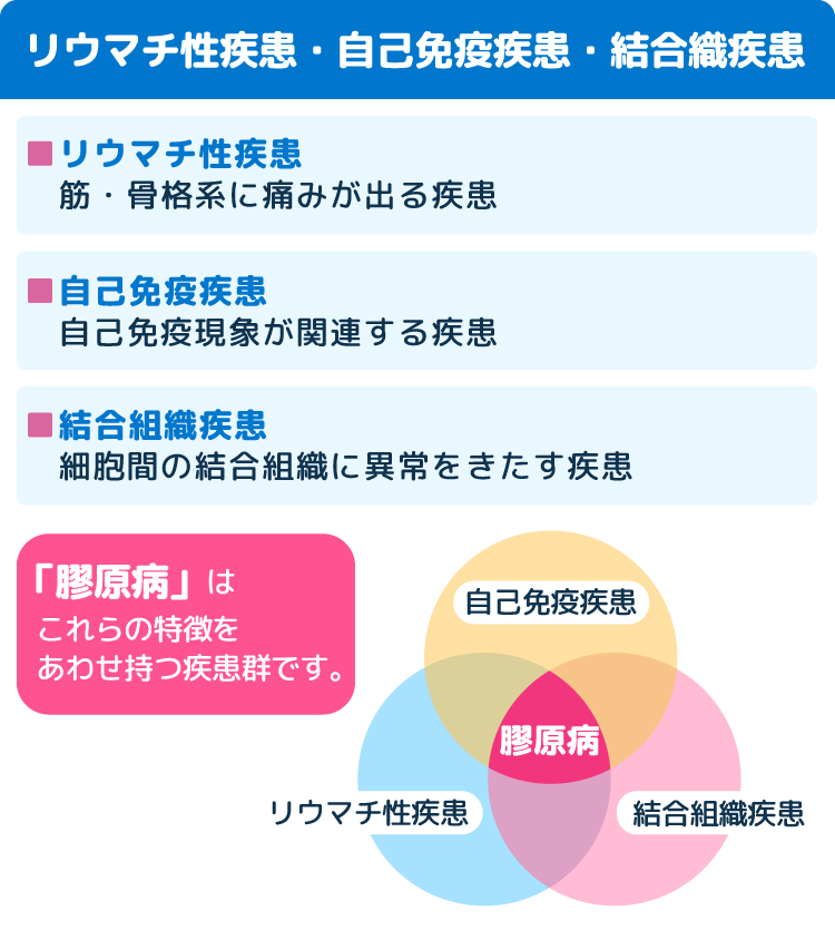 膠原病は以下の特徴をあわせ持つ疾患群です。　リウマチ性疾患…筋・骨格系に痛みが出る疾患　自己免疫疾患…自己免疫現象が関連する疾患　結合組織疾患…細胞間の結合組織に異常をきたす疾患